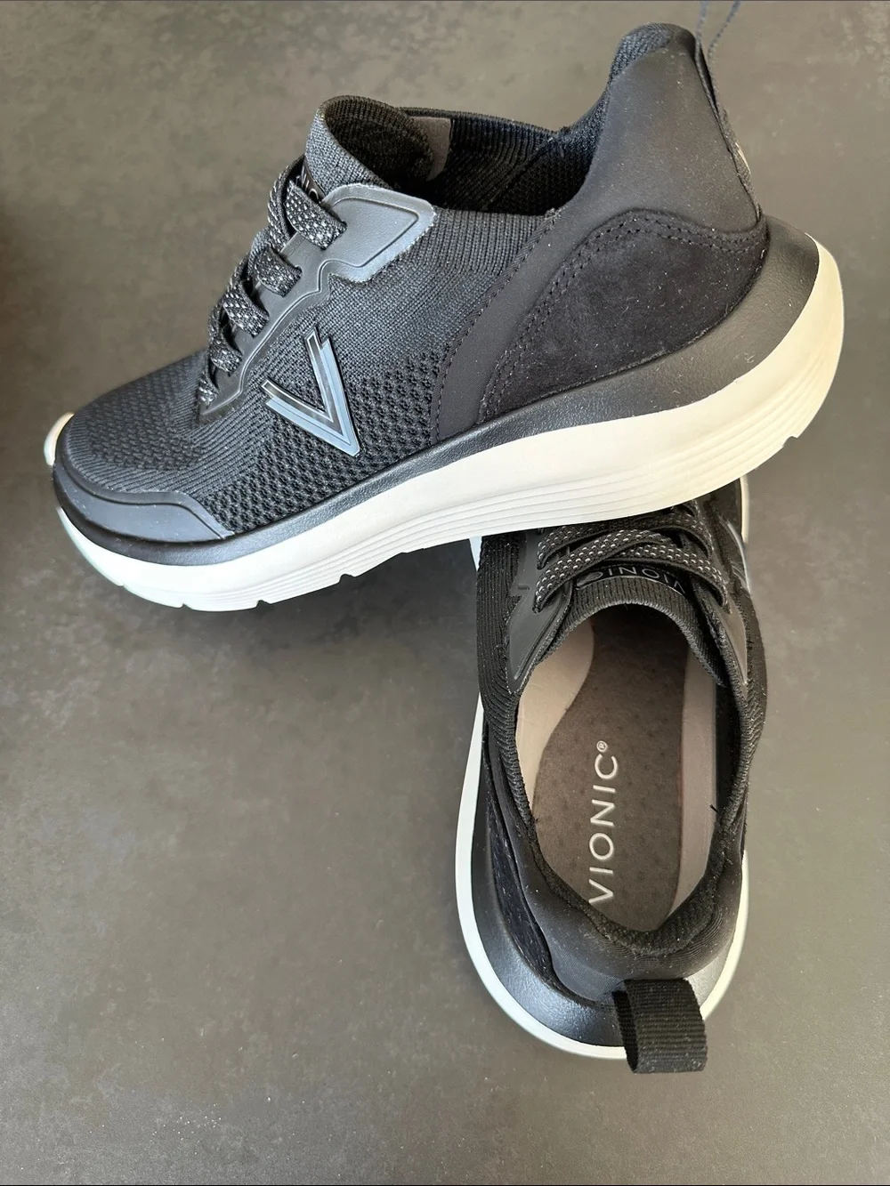 Vionic Women’s Hayward Black Knit and Suede Athletic Sneakers with White Sole